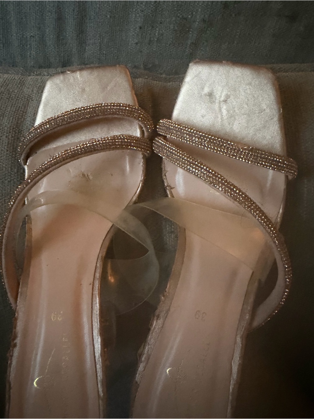 Women’s Rose Gold Strappy Slide Heels with Clear Accent